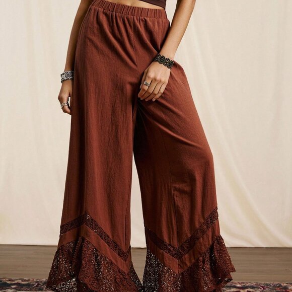 Brown Boho Women's Wide Leg Dark Patchwork Pants - Picture 6 of 8